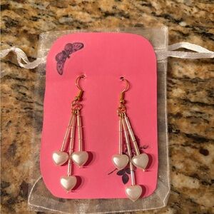 Elegant Gold and Pearl Heart Dangle Handmade Earrings